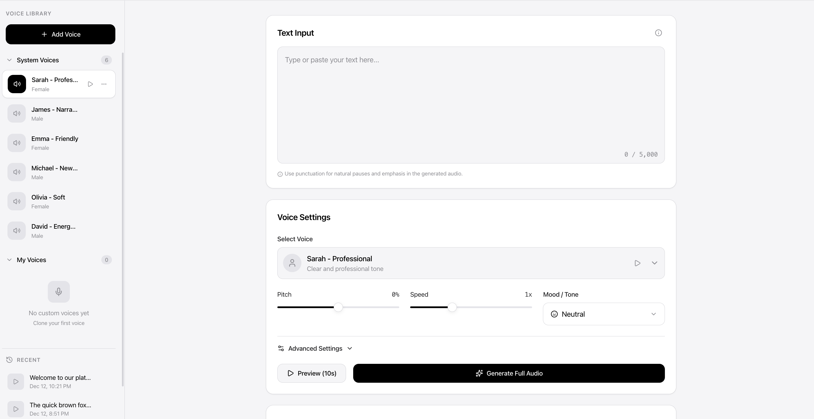 VoxNeura Platform Interface