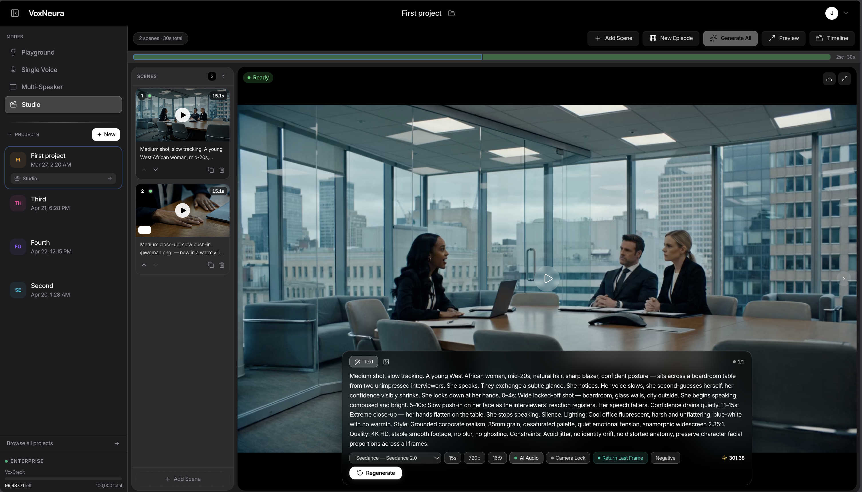 VoxNeura Studio timeline editor interface